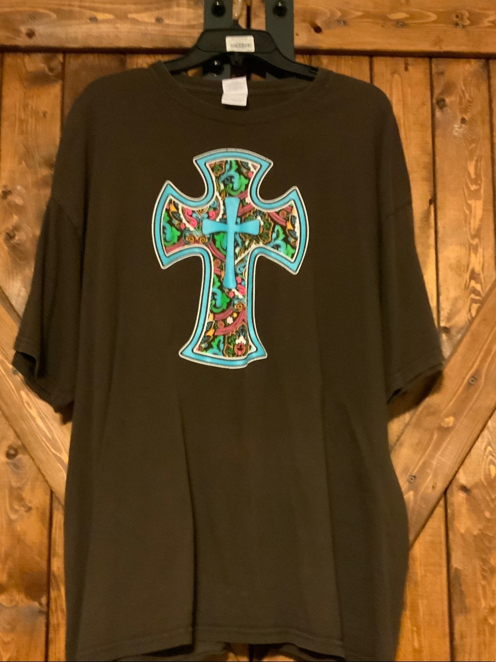 Gildan Brown Short-Sleeve Shirt with Multicolor Cross Graphic